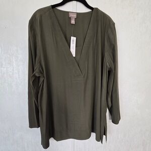 Chicos Womens XL Grape Leaf Sea Island Trapunto‎ Stitch 3/4 Sleeve VNeck Top NWT